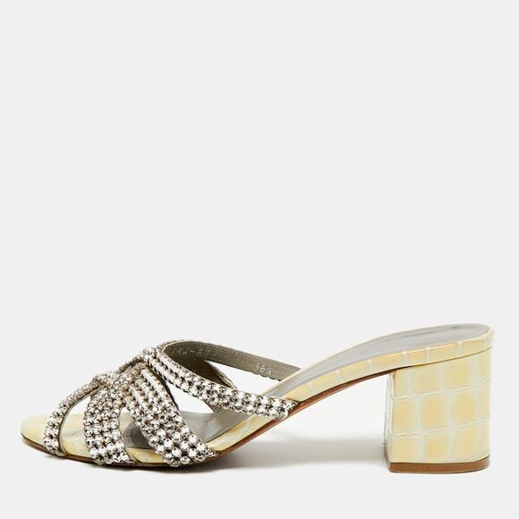 Gina Shoes - Gina Size 36.5 Cream/green Patent Leather Slide Sandals